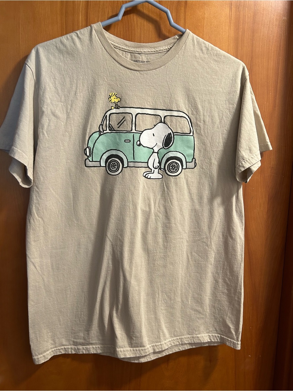 Peanuts Short Sleeve Tee in Light Beige with Mint Van and Camping Graphic